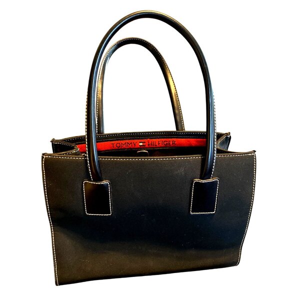 Tommy Hilfiger Womens Black Canvas Bag With Red Interior & Leather Handles - Picture 5 of 5